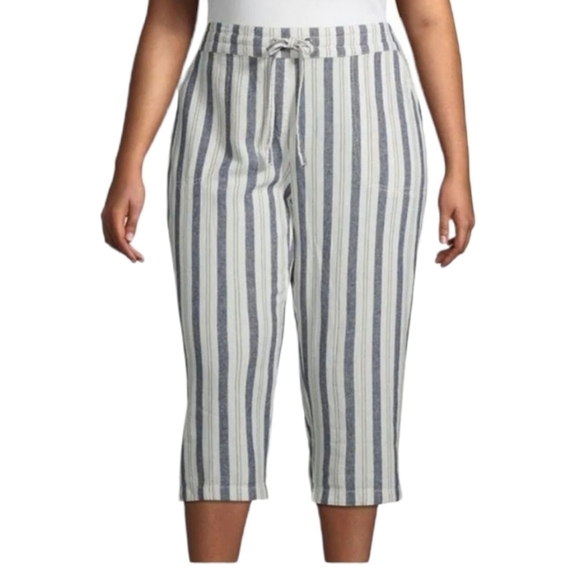 Per Se Cropped Pull On Pants Linen Blend Striped Drawstring Elastic Waistband 2X - Picture 1 of 15